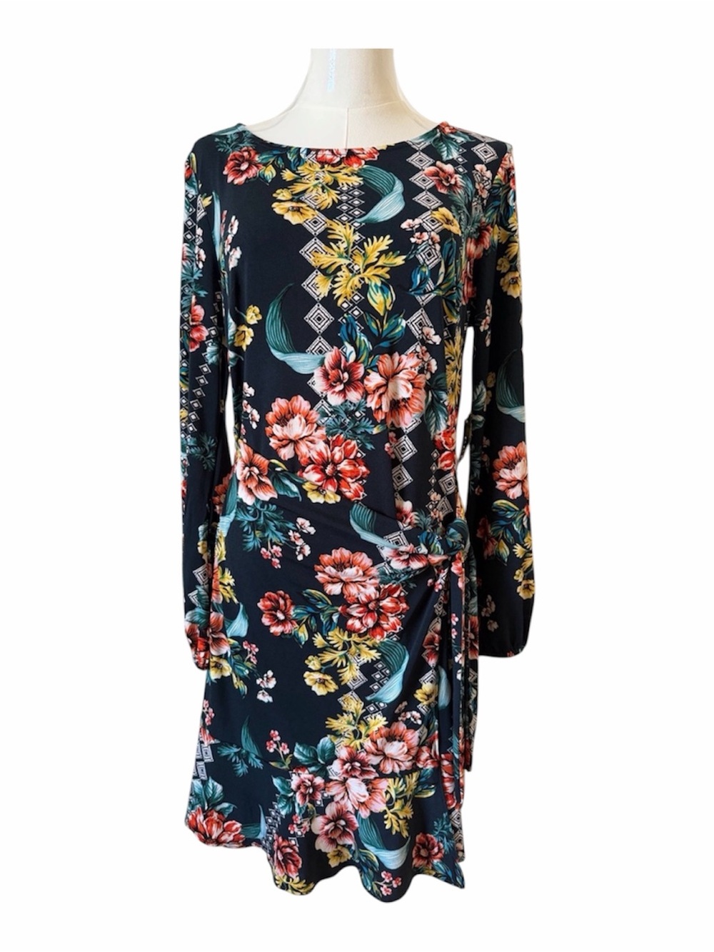 ECI blue Floral Long-Sleeve Faux Wrap Dress with Coral & Yellow Blooms Size M